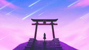 在滿是流星的天空下，鳥居處一個人的剪影。 — 紫色樹木 壁紙
