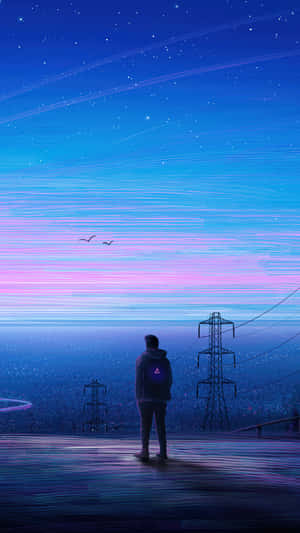 一個人在暮色中獨自站在星空下，有電線和飛鳥。 — 獨自一人 壁紙