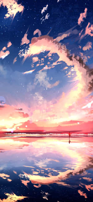 一個孤獨的人在海灘上，在漩渦般的宇宙日落天空下，帶有星光倒影。 — Pixel 11 Pro 壁紙