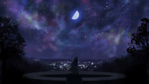 一個人的剪影，凝視著發光城市上空的星空。 — 美麗的動畫 壁紙