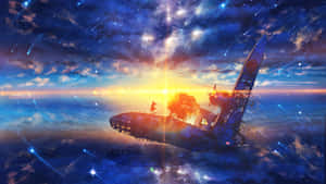 日落時分，星空下墜毀飛機上的一個人。 — 動畫風景動圖 壁紙