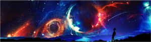 在發光的星雲和行星下，站在宇宙景觀中的人的剪影。 — 3 個螢幕 壁紙