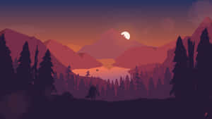 一個人的剪影，在夕陽下俯瞰山湖，伴隨著發光的月亮。 — 好看 壁紙