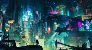 一個人在屋頂上的剪影，面向夜晚發光的未來城市。 — 唐人街 壁紙