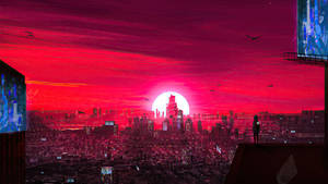 一個人在屋頂上觀看未來城市上空的紅色夕陽的剪影。 — 電玩遊戲 GIF 壁紙