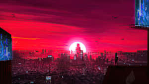 一個人在屋頂上形成剪影，觀看未來城市上空的紅色夕陽。 — 賽博龐克超寬 壁紙