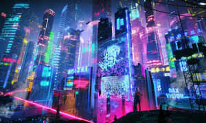 屋頂上的人影剪影，凝視著夜晚發光的霓虹城市天際線。 — 夜景城市 壁紙