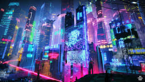 屋頂上的人凝視著夜晚發光的未來城市。 — 城市燈光 壁紙