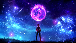 人站在山丘上，在星空下看著發光的紫色行星 — 星星 壁紙