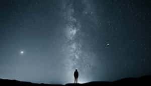 一個人獨自站在山丘上，在廣闊的星空下，銀河清晰可見。 — 獨自一人 壁紙