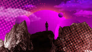 人站在岩石頂峰，下方是發光的紫色外星天空，漂浮著球體。 — 抽象 壁紙