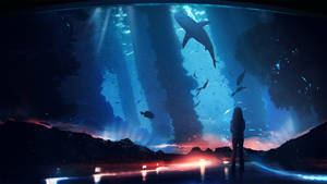 透過弧形窗戶凝視在發光的水下場景中游泳的鯊魚的人。 — 水族箱 壁紙