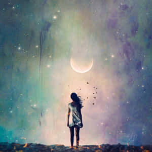 剪影中的女性站在懸崖上，下方是閃爍的月亮和星星，鳥兒向上飛翔。 — 月光 壁紙