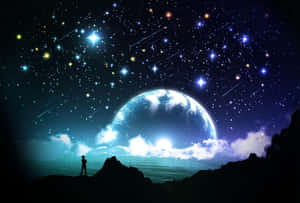 懸崖上一個人的剪影，看著發光的行星和流星。 — 星星 壁紙