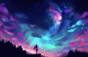 一個剪影女孩站在懸崖上，觀看帶有星雲的色彩繽紛的星空。 — MacBook Air M3 壁紙