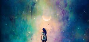 一個女孩仰望星空中的新月，鳥兒在她周圍飛翔。 — 月光 壁紙