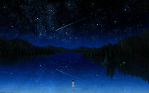 一個人凝視著倒映在寧靜湖面上的星空，周圍環繞著森林。 — 動畫風景動圖 壁紙