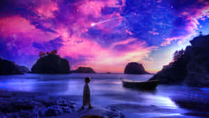 一個人在星空下的海灘上的剪影，附近有流星和一艘船。 — 魔法森林 壁紙