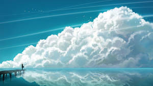 一個人在碼頭上看著倒映在平靜水中的雲。 — 海洋桌面 壁紙