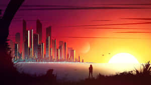 一個人在夕陽下觀看未來城市的剪影。 — 插畫 壁紙