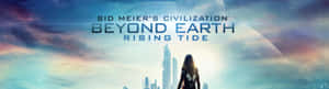 一名穿著未來服裝的女性，在暮色天空下凝視著高聳的外星城市，天空中有一顆巨大行星。 — 電玩遊戲 GIF 壁紙
