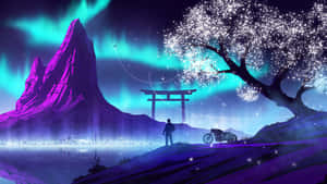 在極光下，鳥居附近發光的樹下的人和機車。 — 2560x1440 壁紙