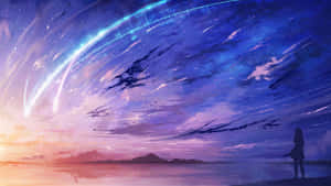 女孩的剪影，觀看水面上暮色天空中宇宙光條劃過。 — 紫色動漫美學 壁紙