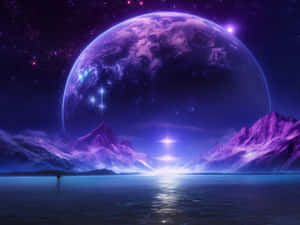 一個人站在水面上，面前是發光的山脈，上方是巨大的紫色行星。 — 高畫質月亮 壁紙