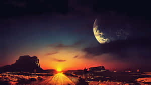 沙漠公路上，夕陽下，巨大月亮下一個人的剪影。 — 魔法森林 壁紙