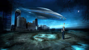 一個人站在發光的圓圈中，而一個UFO在夜晚懸浮在城市之上。 — 太空船 壁紙