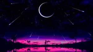 一個人的剪影站在發光的湖邊，在星空下，有流星。 — 動漫風景美圖 壁紙