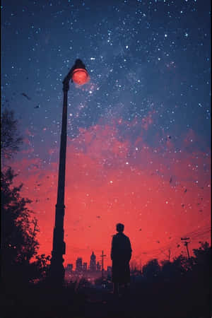 街燈下一個人的剪影，以星空紅藍天空為背景，鳥兒在城市上空飛翔 — 星星 壁紙