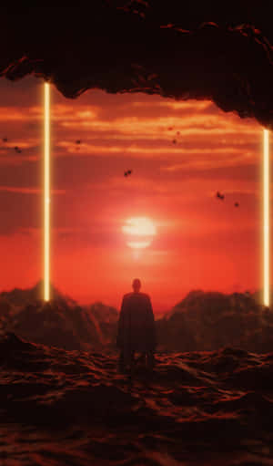 一個人的剪影站在岩石地形上，在紅色天空下，有發光的柱子和夕陽。