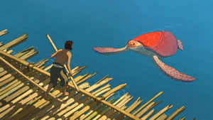 一個男人在竹筏上看著一隻紅色海龜在海中游泳。 — 烏龜 壁紙