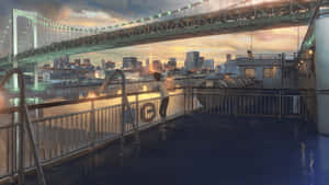 船上甲板的人看著夕陽下的城市和橋樑 — 天氣之子 壁紙