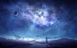 小孩與狗觀看星空中的宇宙鯨魚 — 戰士 壁紙