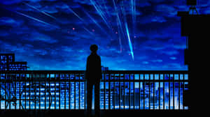 夜晚站在陽台上觀看城市燈光上方發光的宇宙射線的人 — 你的名字 GIF 壁紙