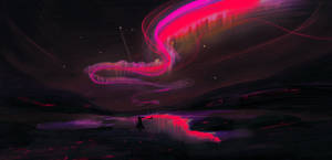 一個人的剪影站在黑暗風景中，下方是鮮豔的粉紅和紫色宇宙極光。 — 粉嫩粉彩美學 壁紙