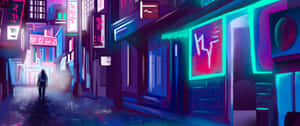 夜晚走在霓虹燈照亮的未來城市小巷中的人 — 霓虹燈 壁紙