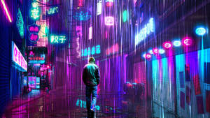 夜晚，一個人在霓虹燈閃爍的雨巷中行走 — 霓虹紫 壁紙