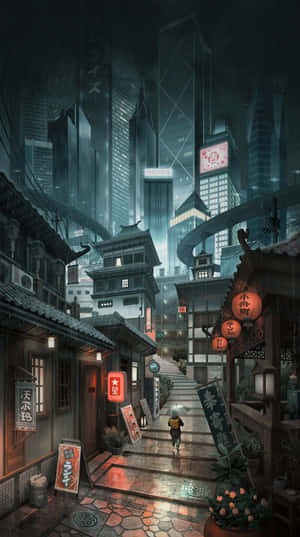 一個人走過一條融合傳統日本建築與未來主義摩天大樓的雨巷。 — 銀河手機 壁紙