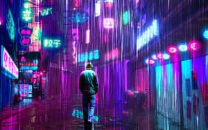 夜晚在霓虹燈照亮的雨巷中行走的人 — 美麗的秋天 壁紙