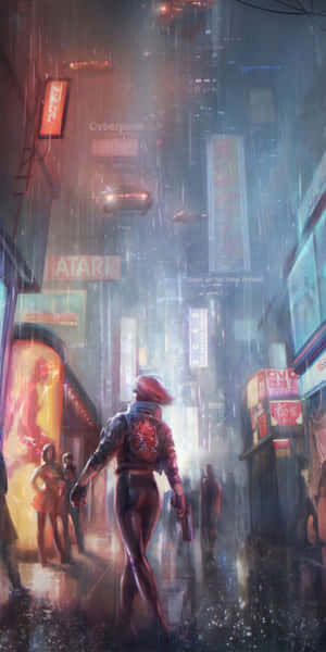 人在下雨的霓虹燈科幻城市中行走，有飛車。 — 賽博龐克城市 壁紙