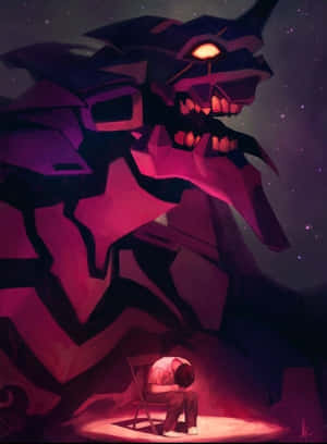 一個人在星空下跪在椅子上，面對一個巨大的發光紫色怪物。 — 阿基拉 壁紙