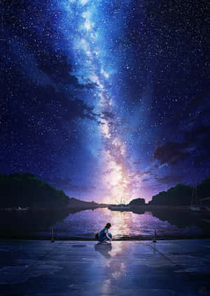 人在碼頭上跪著，星空下銀河倒映在水中 — 可愛動漫女孩 壁紙