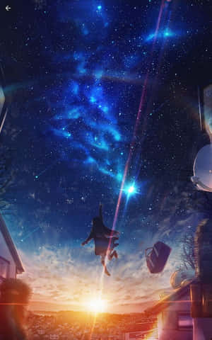 一個人躍入暮色中發光小鎮上方的星空。 — 可愛動漫女孩 壁紙