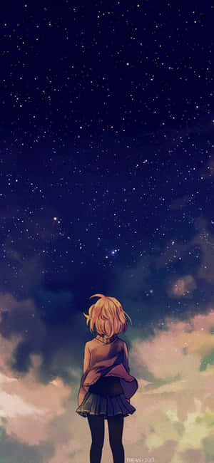 金髮動漫女孩站在雲上，看著星空夜空。 — 可愛動漫女孩 壁紙