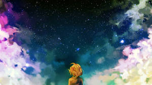 金髮動漫角色仰望帶有星雲的彩色星空。 — 動漫 壁紙