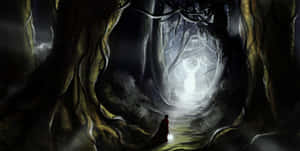 一個穿長袍的身影穿過黑暗的森林隧道，走向一個發光的神秘身影。 — 魔法森林 壁紙