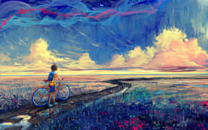 小孩騎著單車站在小徑上觀看色彩繽紛的黃昏天空 — 2560x1600 壁紙